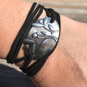 Tie Wrap Floral Silver Bracelet Cuff Yoga Boho Biker Vegan Faux Leather Cute
